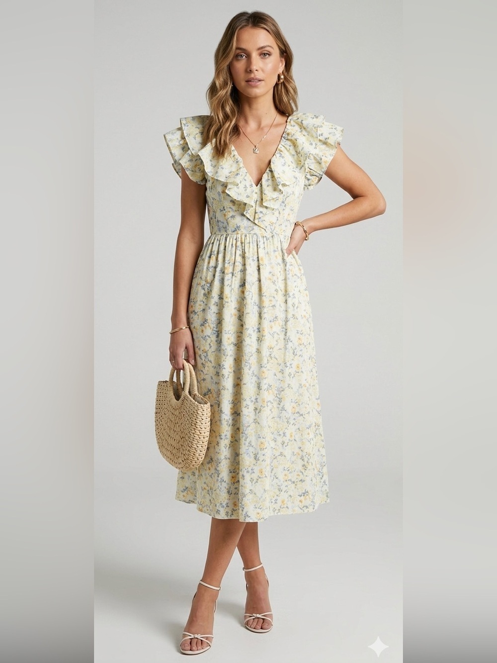 O.P.T. Womens KATE Midi Sundress V-Neck XTRA-SMALL XS Yellow Floral Ruffle
